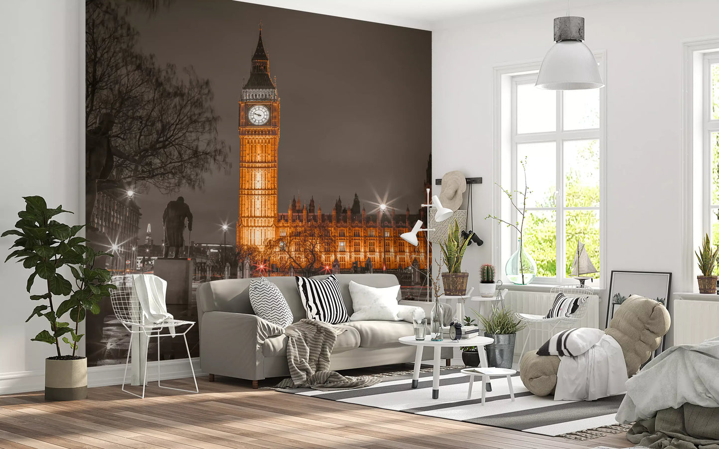 Architectural wall mural featuring rain-soaked pavement and warm glow., GD10418