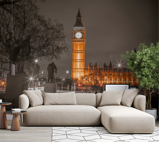 Westminster ember glow wall mural displayed in a modern living room.