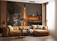Night-time clock tower wall mural with selective amber colour., GD10418