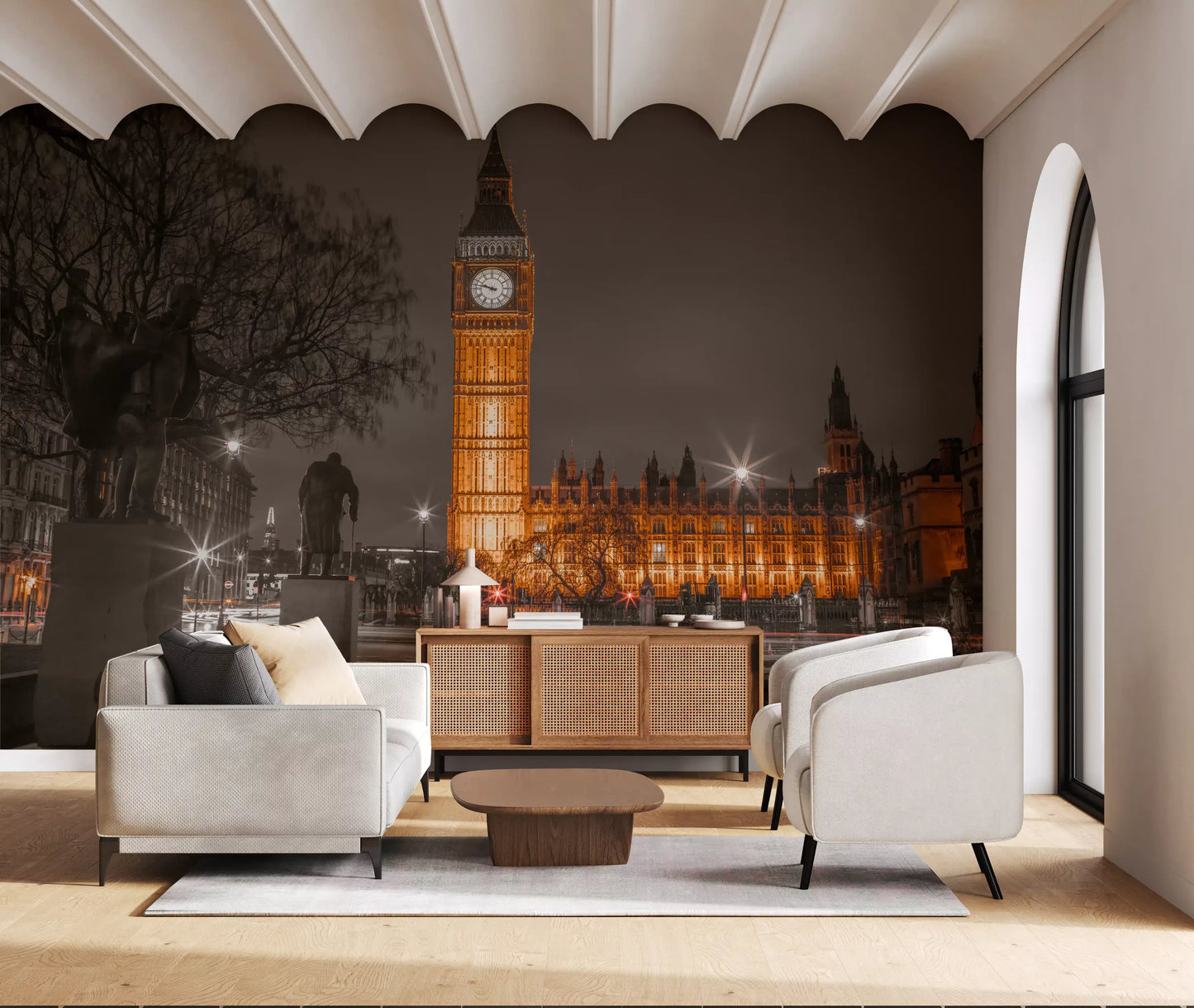 Westminster ember glow mural with monochrome sky and warm amber tones., GD10418