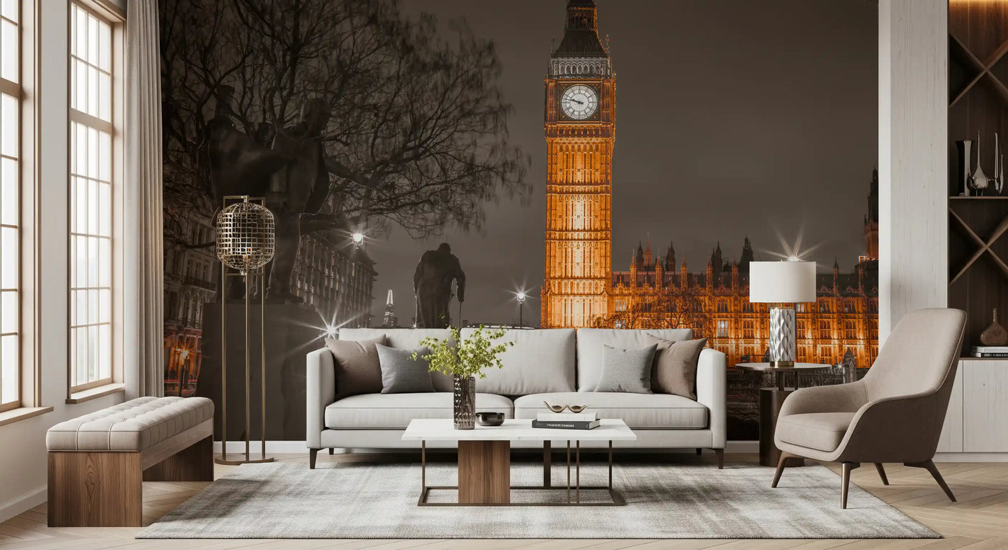 Amber and grey city mural with starburst street lamps and bare trees in living room., GD10418