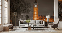 Amber and grey city mural with starburst street lamps and bare trees in living room., GD10418