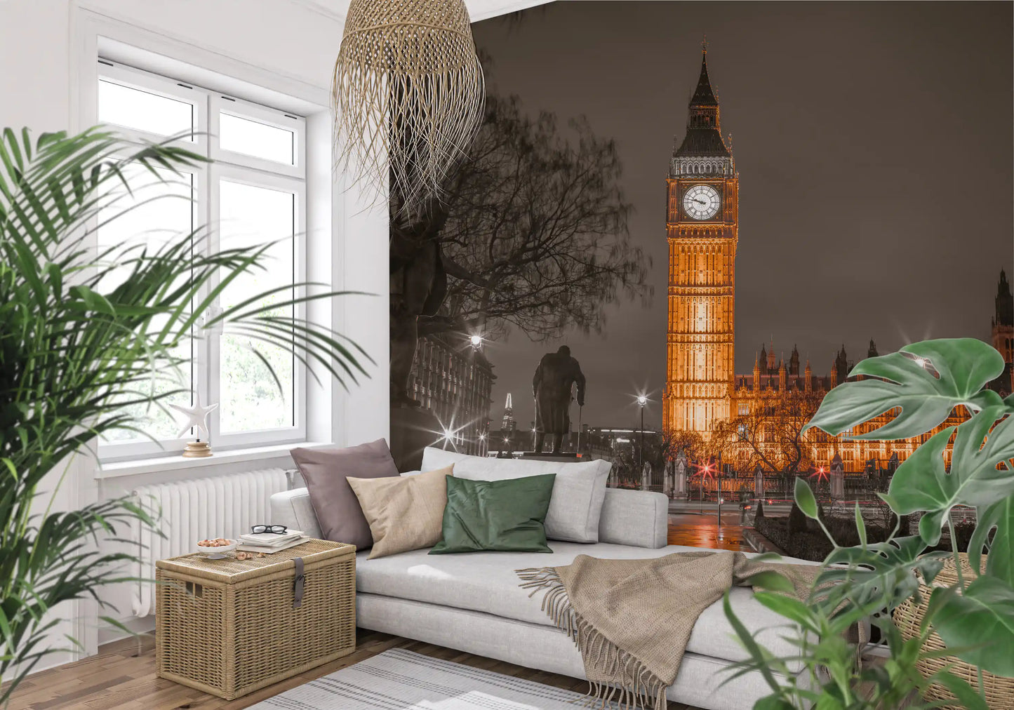 Urban landmark wall mural showing illuminated tower and parliament., GD10418