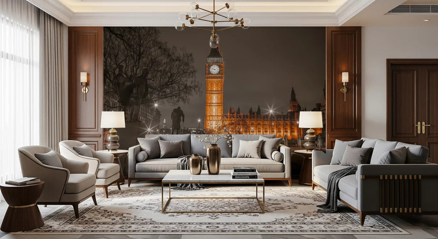 Night cityscape mural shown on a feature wall in an large living room., GD10418