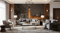 Night cityscape mural shown on a feature wall in an large living room., GD10418