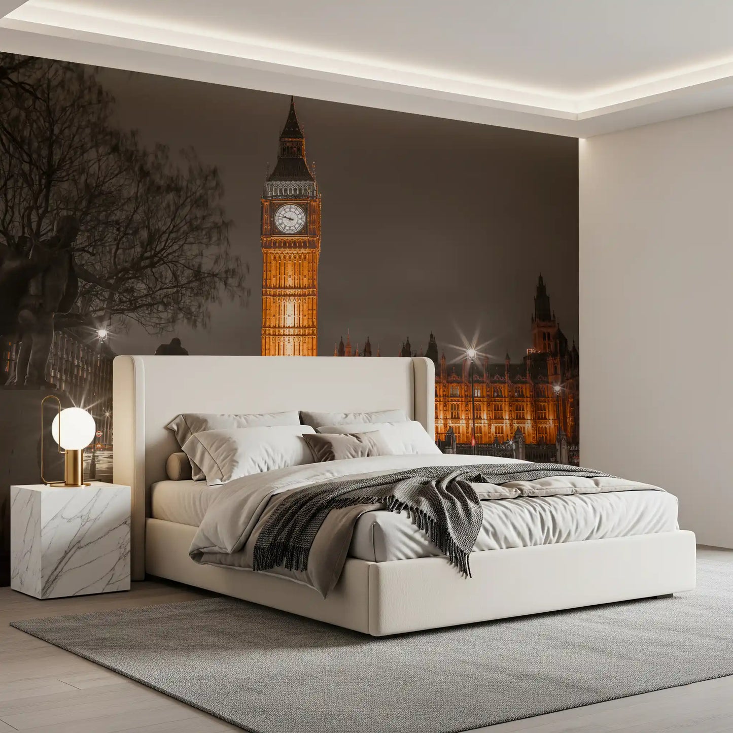 Westminster ember glow wall mural with amber-lit clock tower in bedroom., GD10418