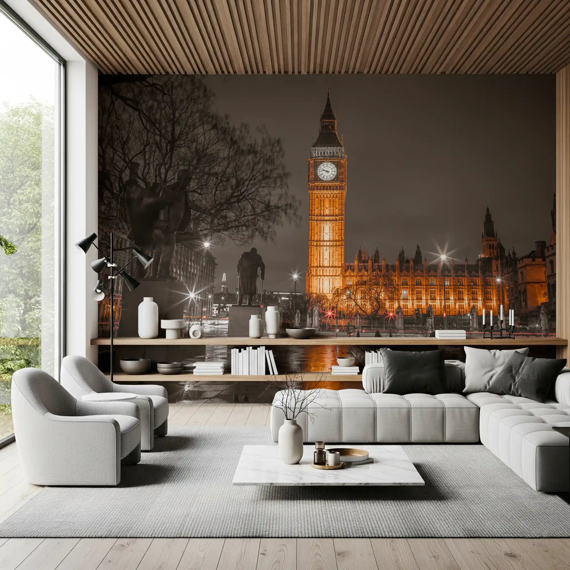 Monochrome cityscape mural with golden illuminated gothic architecture in living area., GD10418
