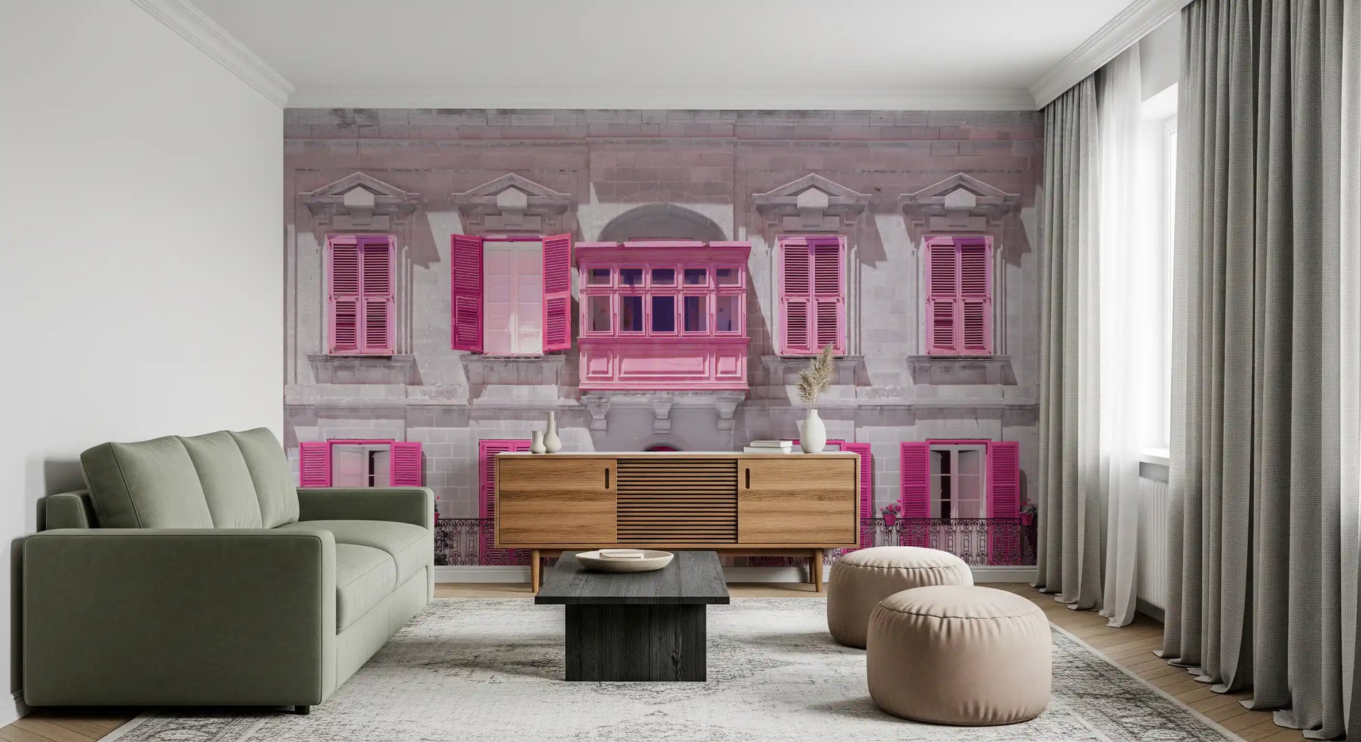 Historic façade mural with wrought-iron railings and fuchsia window frames., GD10419