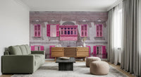Historic façade mural with wrought-iron railings and fuchsia window frames., GD10419