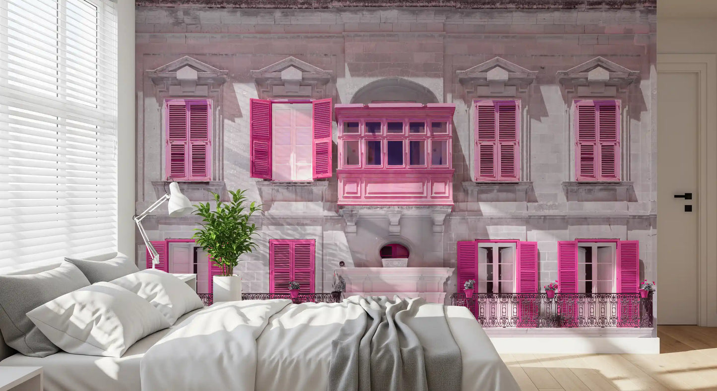 Historic dwelling mural displayed on a bedroom feature wall., GD10419