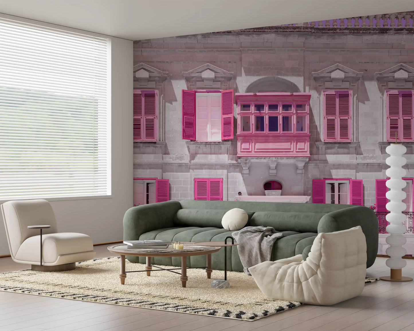 Historic dwelling wall mural showing selective pink colour on grey stone., GD10419