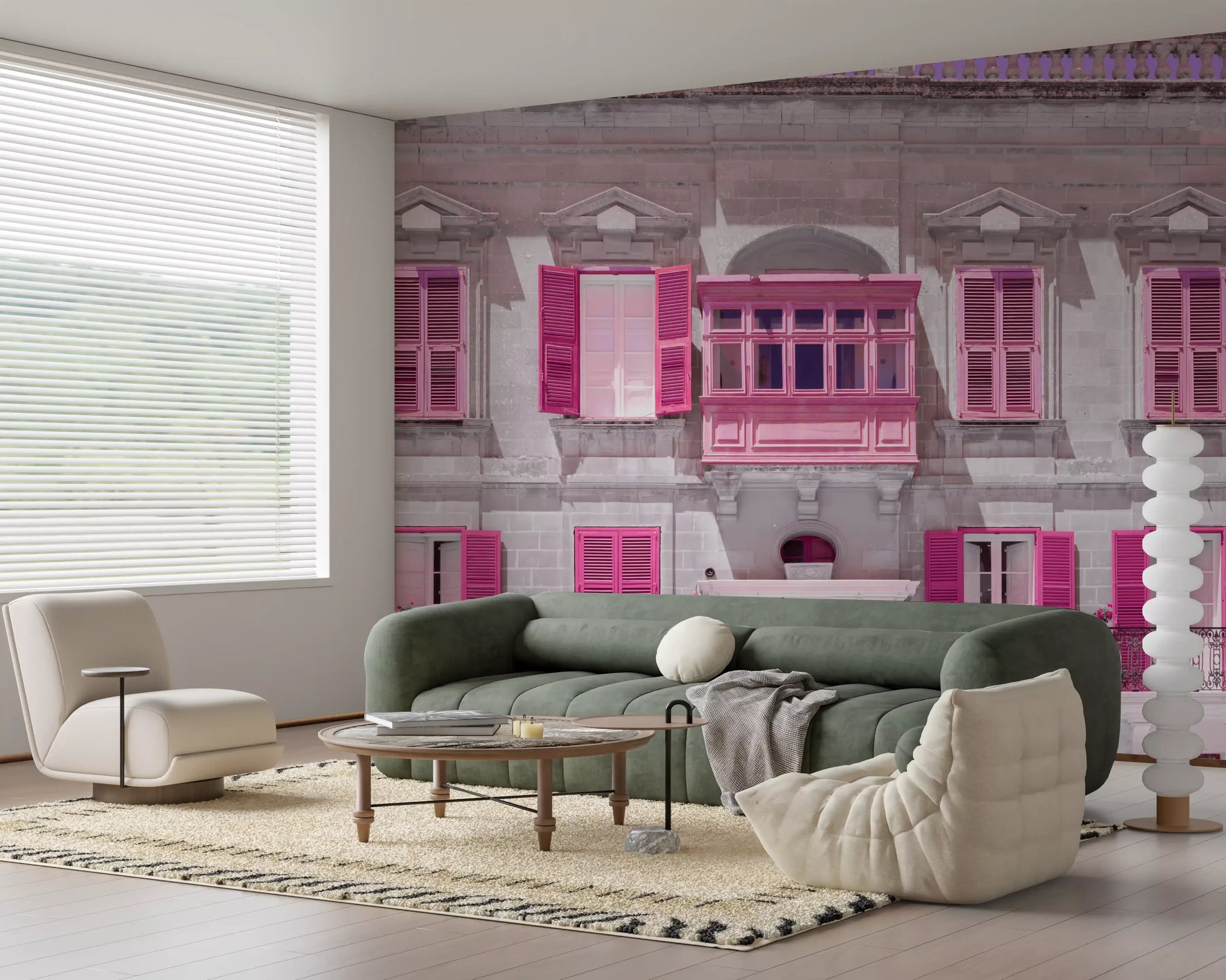 Historic dwelling wall mural showing selective pink colour on grey stone., GD10419