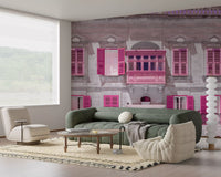 Historic dwelling wall mural showing selective pink colour on grey stone., GD10419