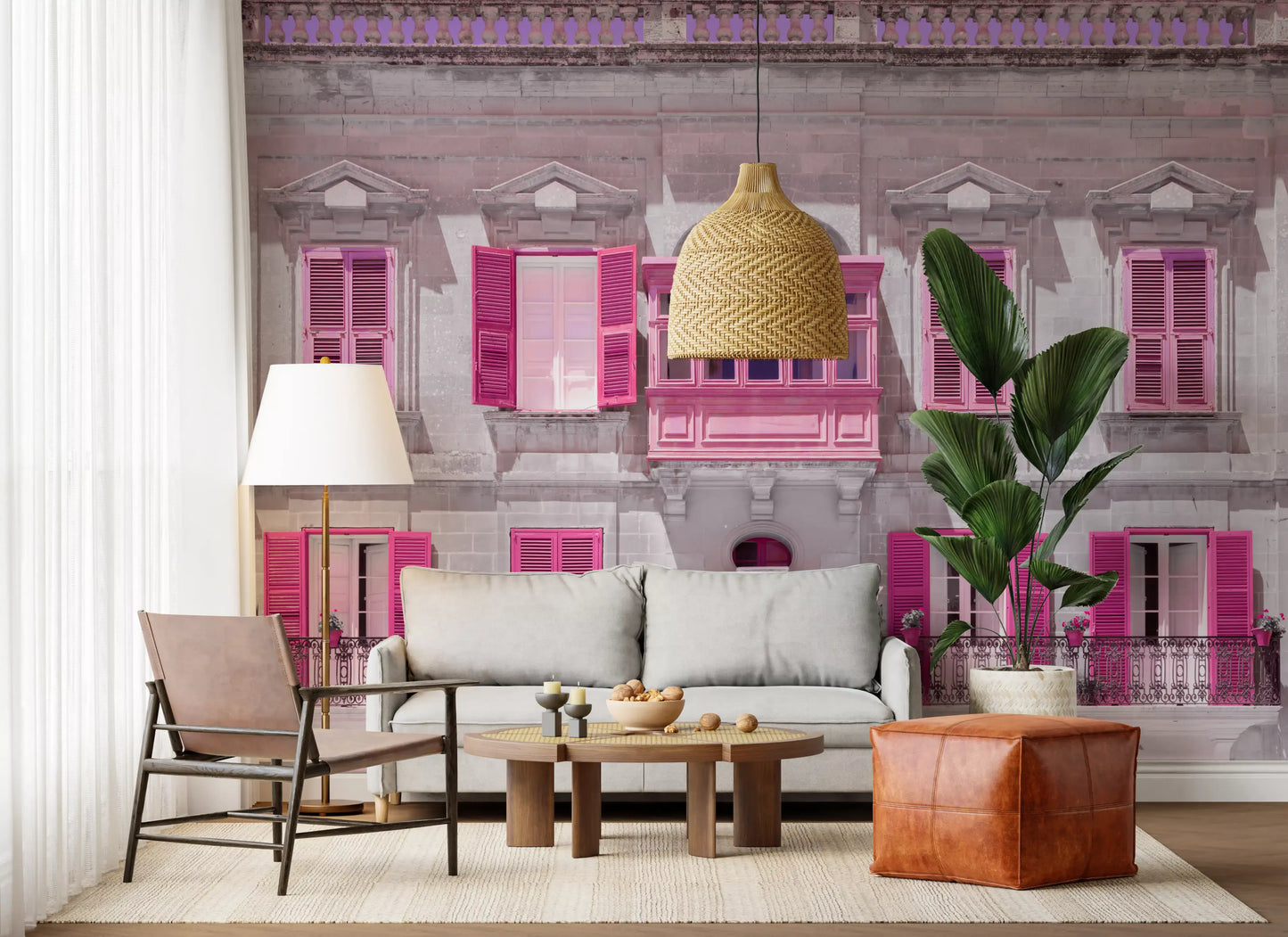 Stone building wall mural with enclosed pink balcony and arched pediments., GD10419