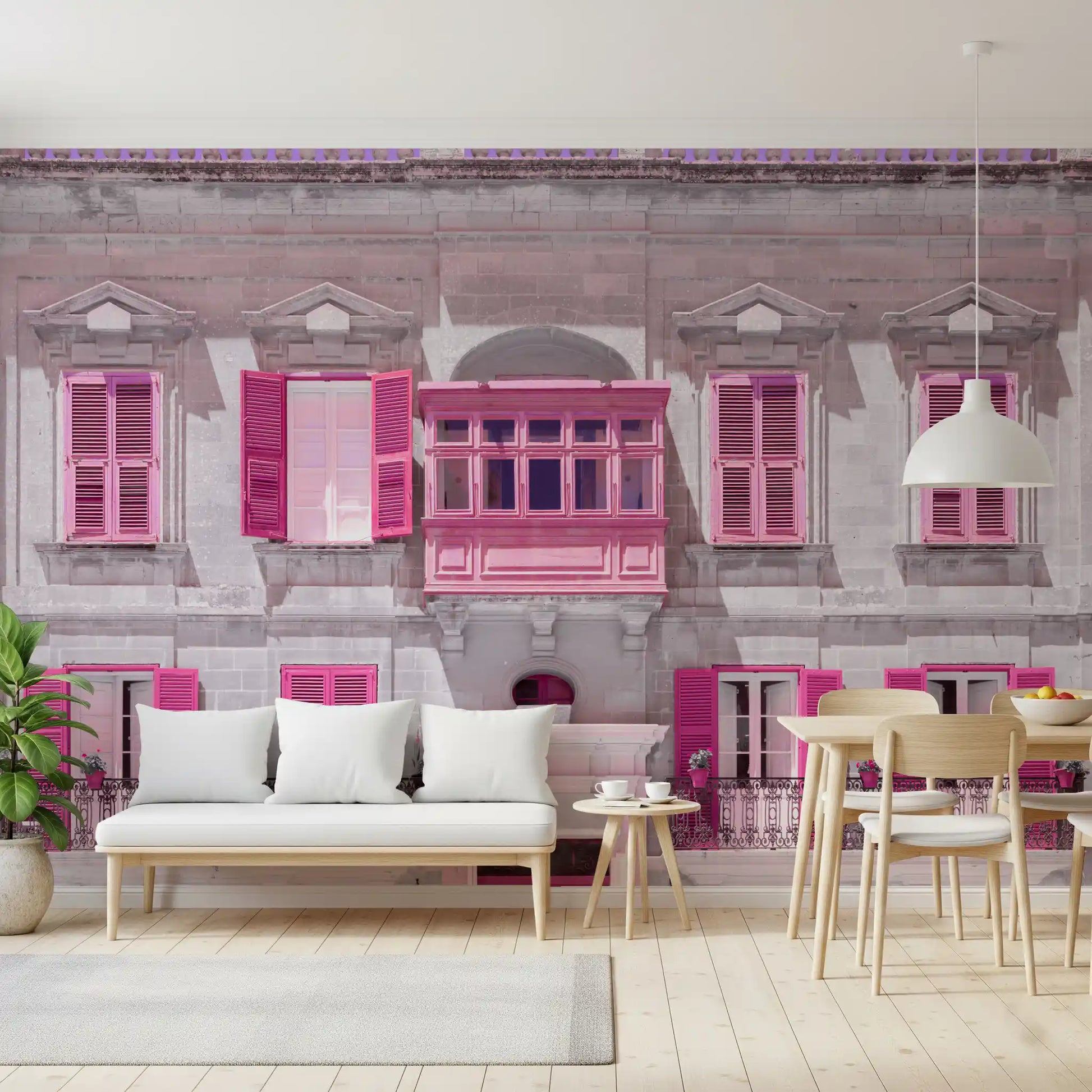 Pink and grey architectural wall mural with carved stone balustrade detail., GD10419