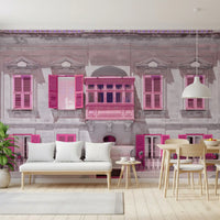 Pink and grey architectural wall mural with carved stone balustrade detail., GD10419