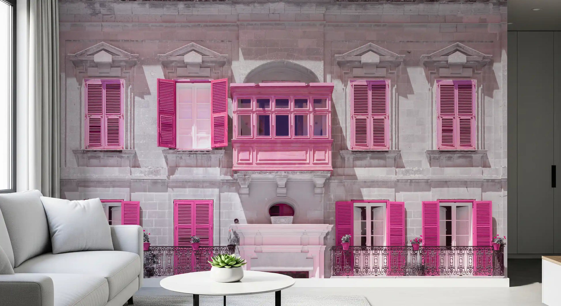 Architectural mural featuring symmetrical louvred shutters in vivid pink., GD10419