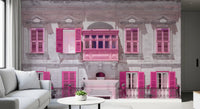 Architectural mural featuring symmetrical louvred shutters in vivid pink., GD10419