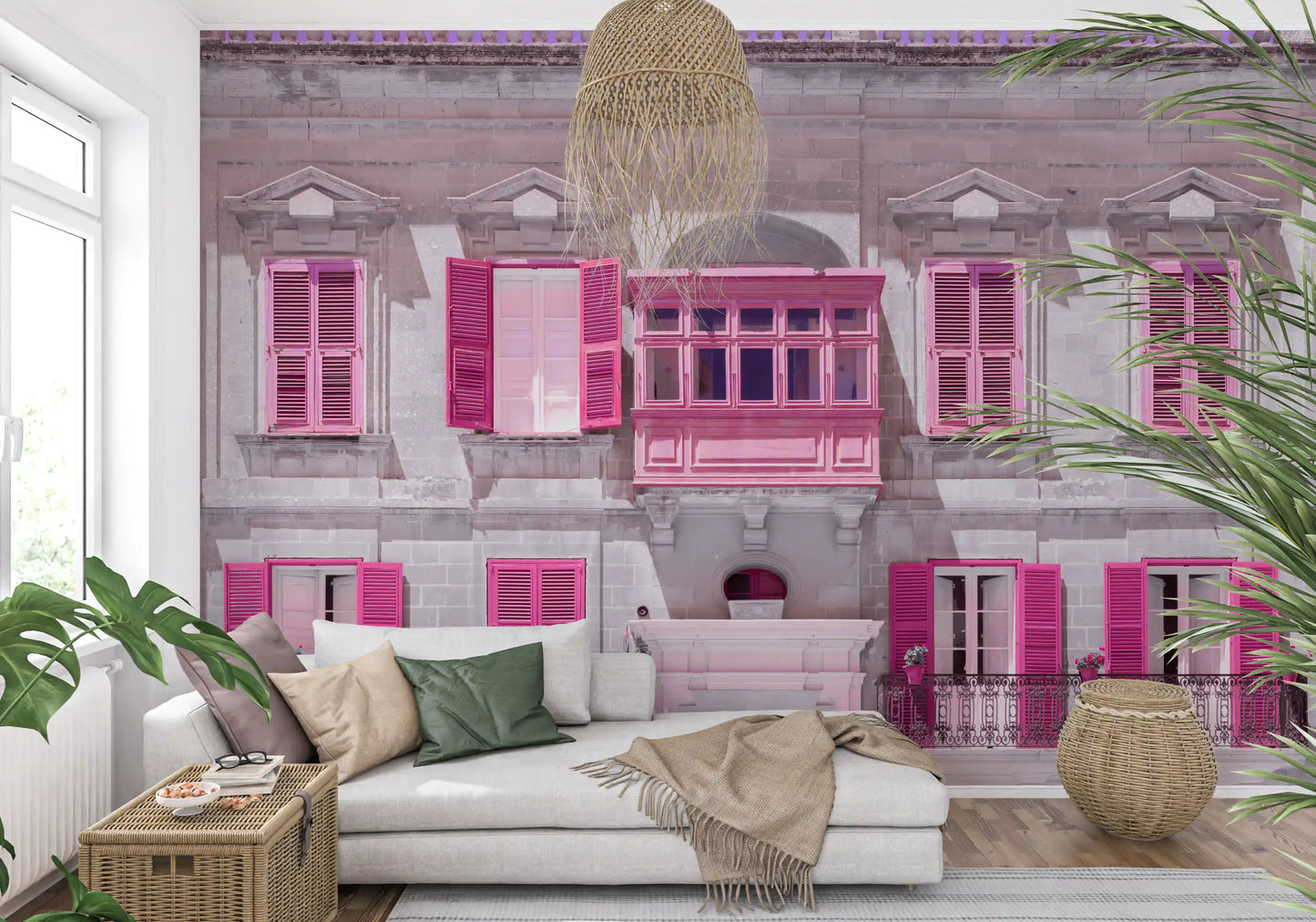 Historic dwelling wall mural with magenta shutters on a grey stone façade., GD10419