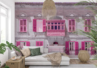Historic dwelling wall mural with magenta shutters on a grey stone façade., GD10419