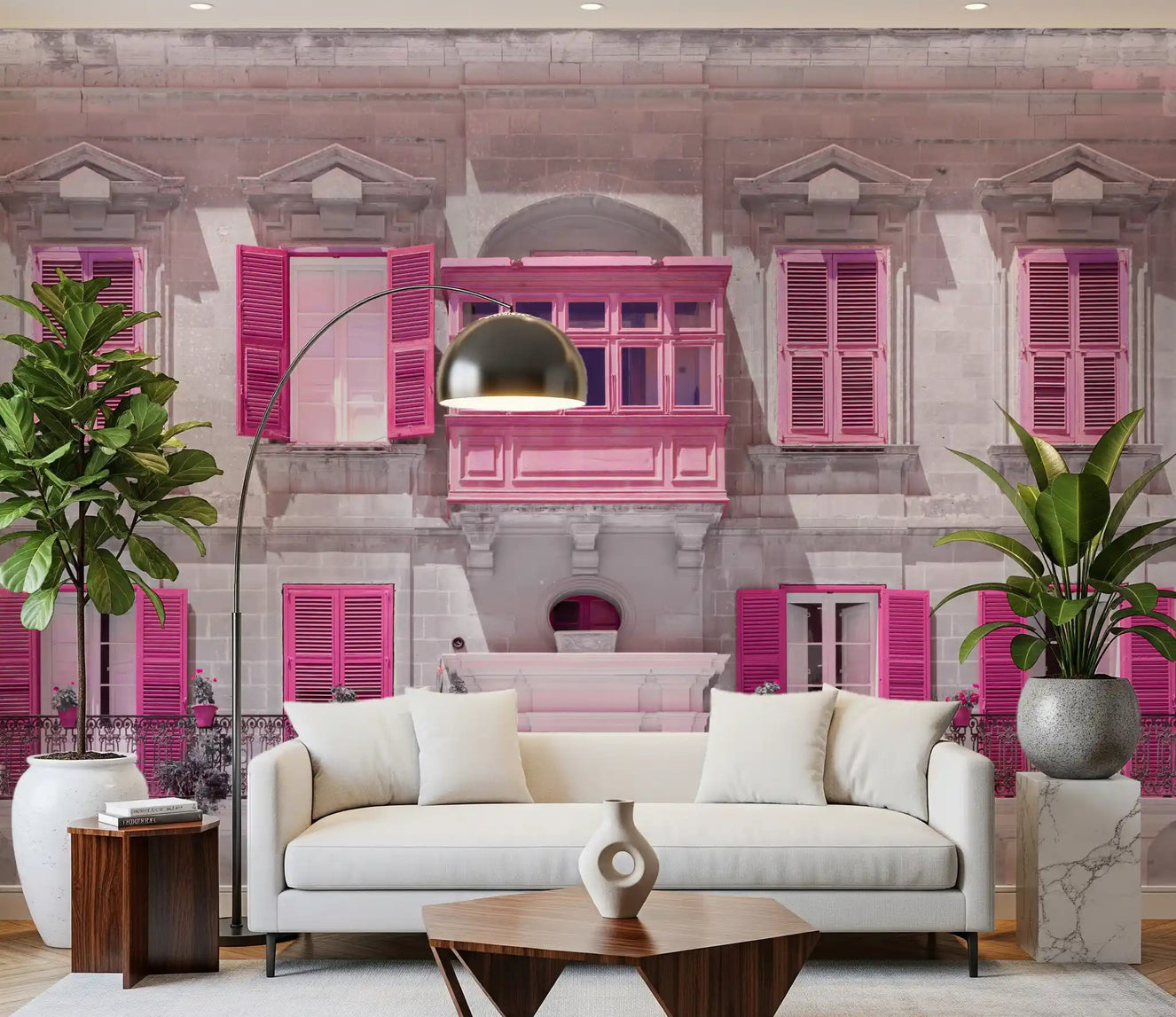 Architectural pink façade mural shown in a bright living room space.