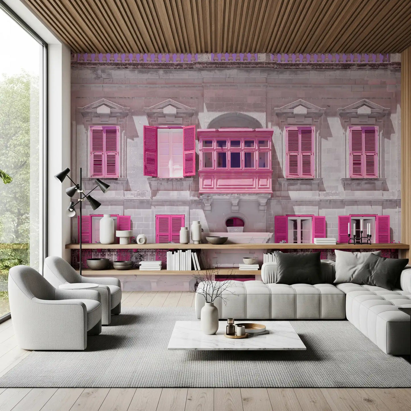 Classical building mural with potted plants along iron balcony railings in living room., GD10419