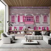 Classical building mural with potted plants along iron balcony railings in living room., GD10419