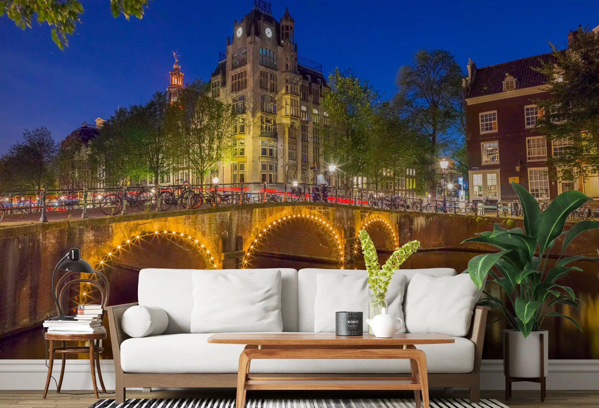Canal through Amsterdam city wall mural displayed in a living room space., GD10420