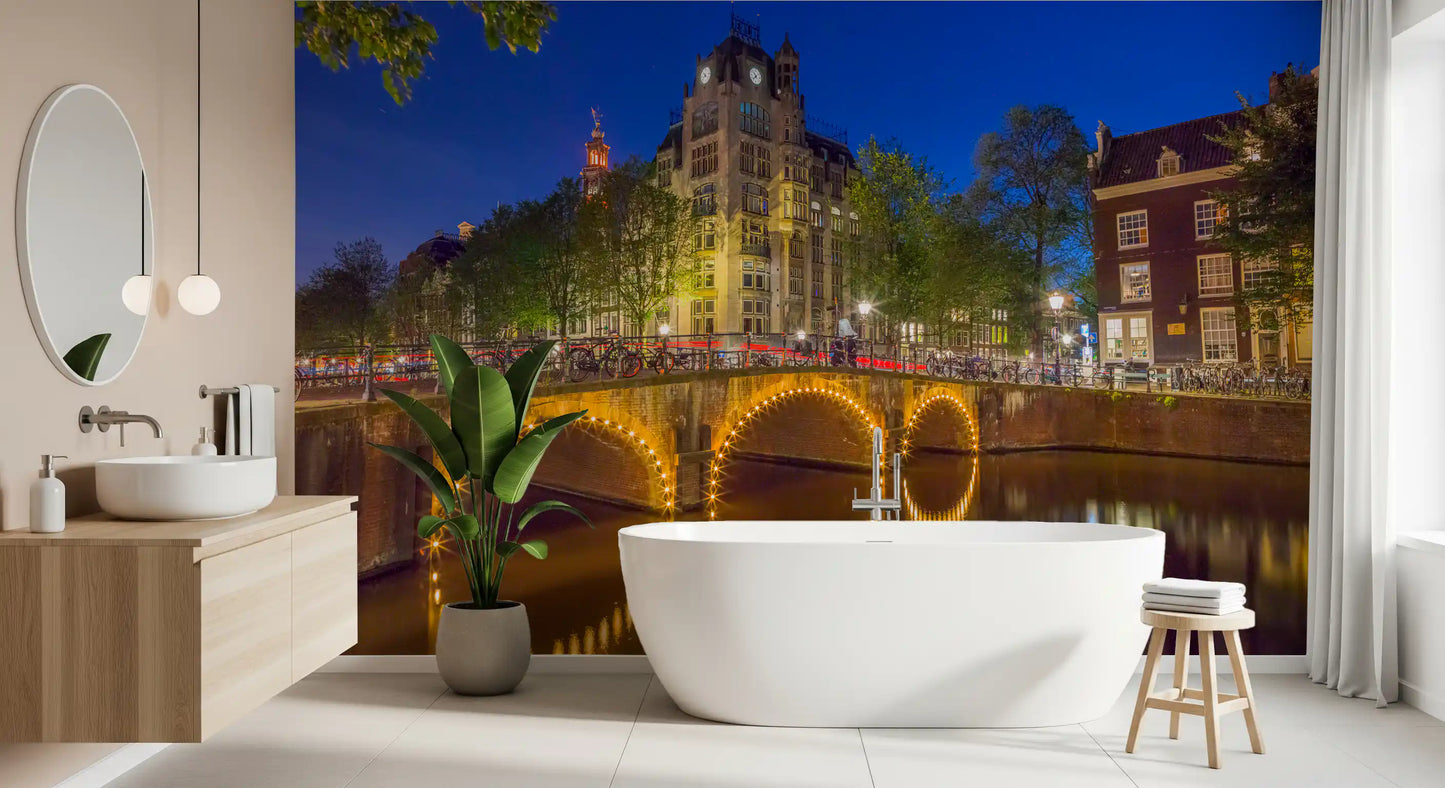 Twilight bridge mural shown on a feature wall in a modern bathroom., GD10420