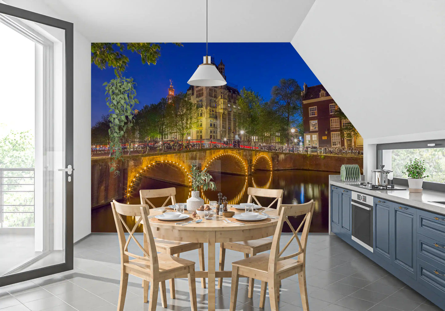 Canal mural with cobalt blue sky and warm golden bridge illumination in dining room., GD10420