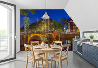 Canal mural with cobalt blue sky and warm golden bridge illumination in dining room., GD10420