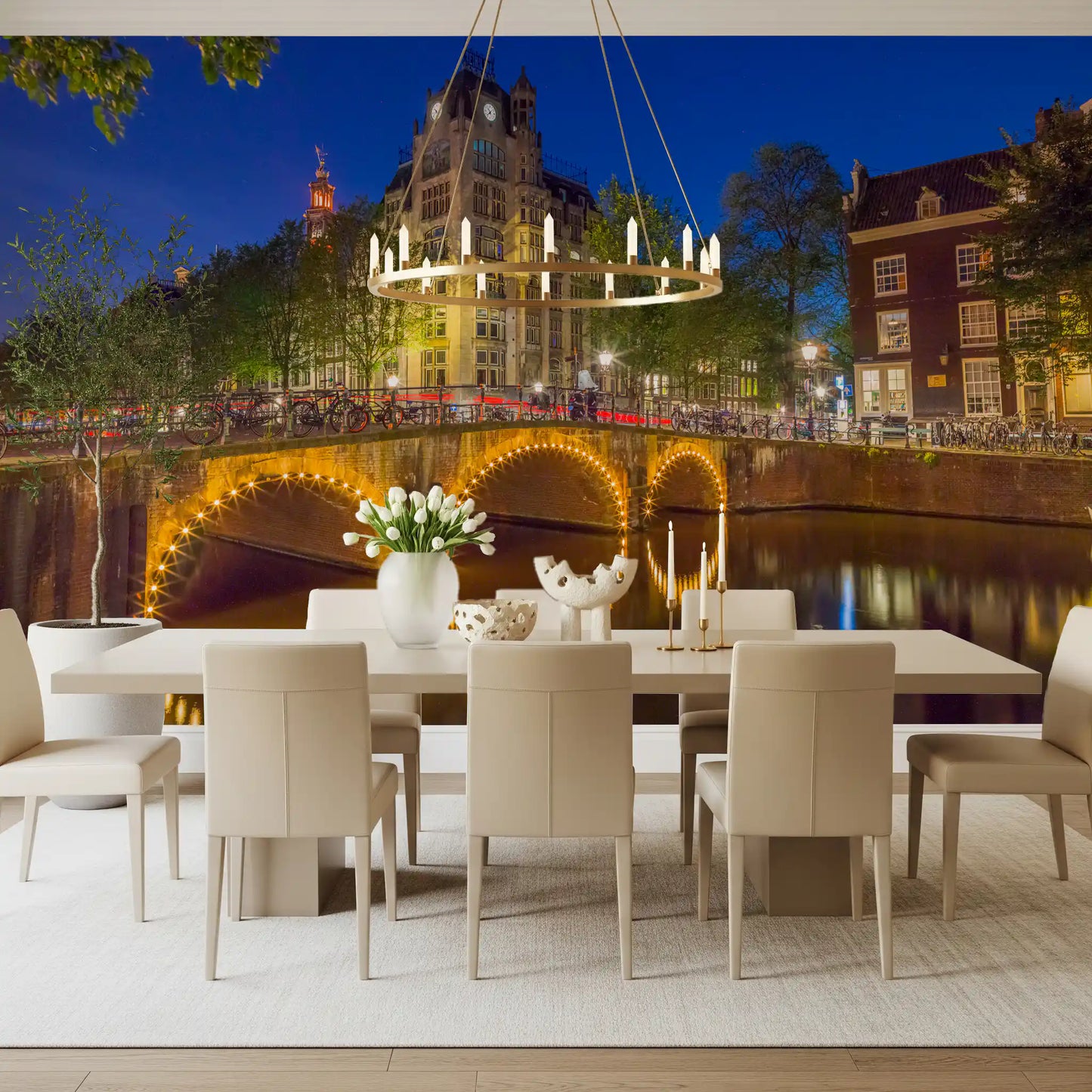 Canal through Amsterdam city wall mural with golden lit arched bridge in dining room., GD10420