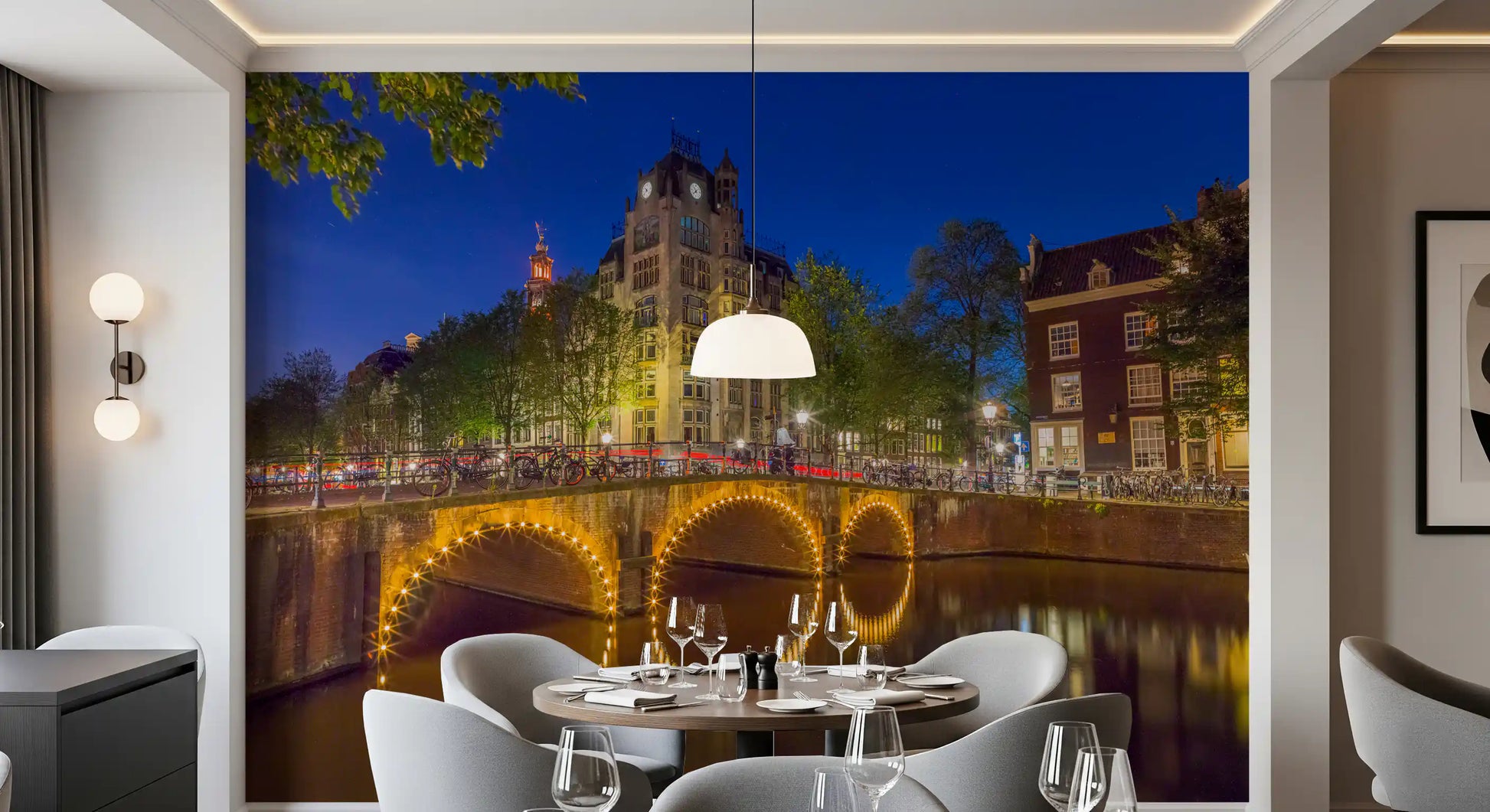 Stone bridge wall mural with amber lights forming circles on canal water., GD10420