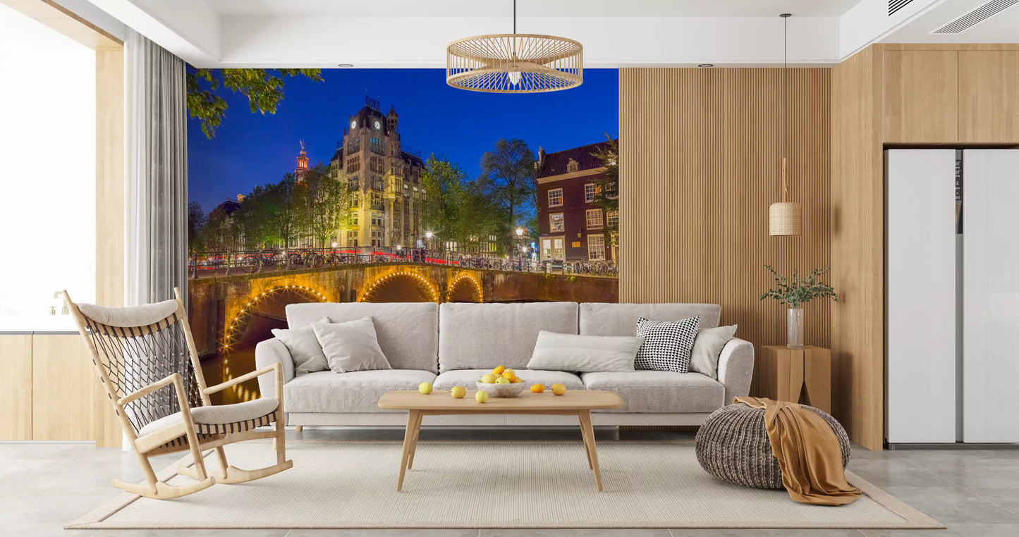 Architectural city mural showing arched bridge and historic canal district., GD10420