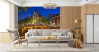 Architectural city mural showing arched bridge and historic canal district., GD10420