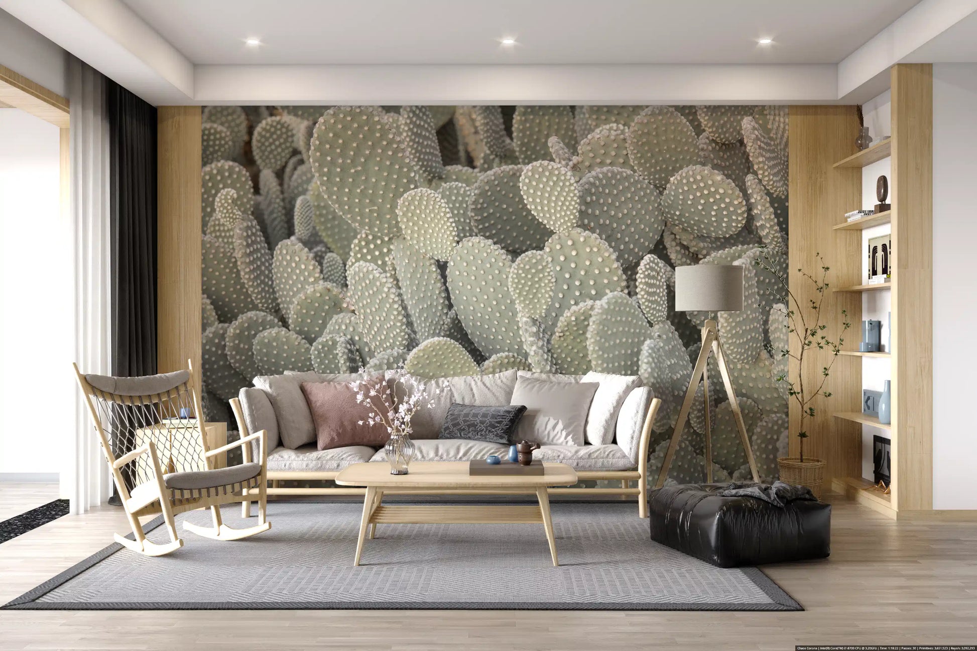 Sage green cactus mural shown as a feature wall in an living space., GD10421