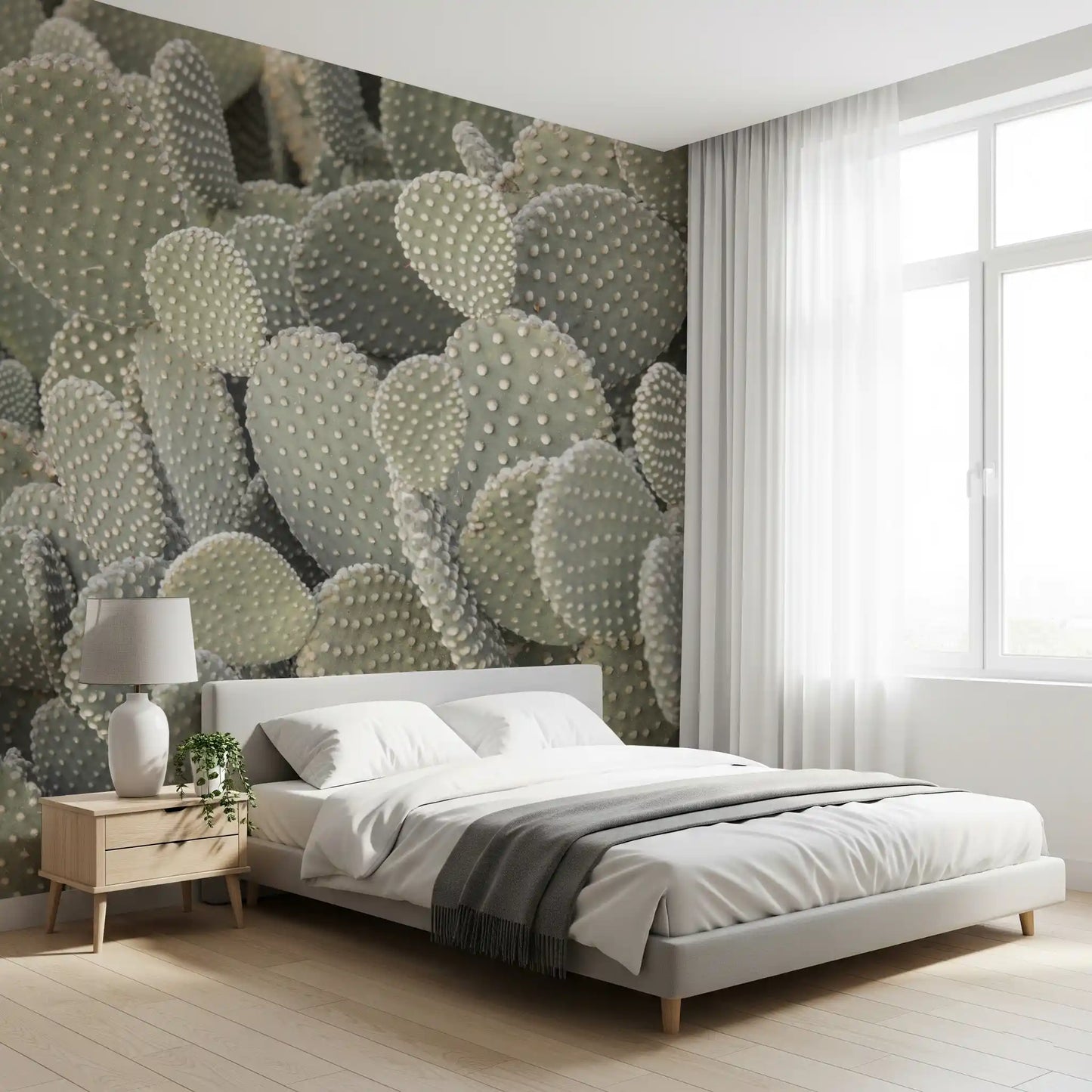Botanical cactus mural showing overlapping pads with white dotted spines., GD10421