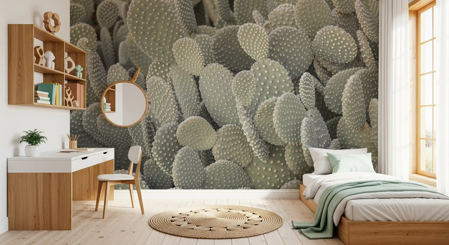 Textural botanical wall mural of rounded cactus pads in dusty green tones., GD10421