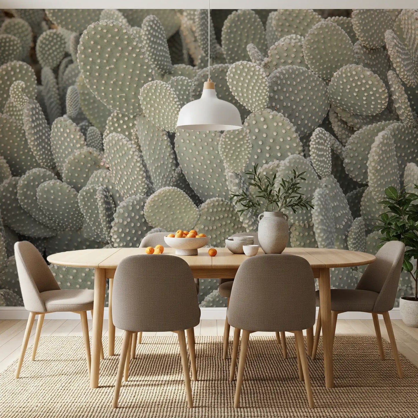 Sage green cacti mural with layered organic shapes and subtle shadowing in dining room., GD10421