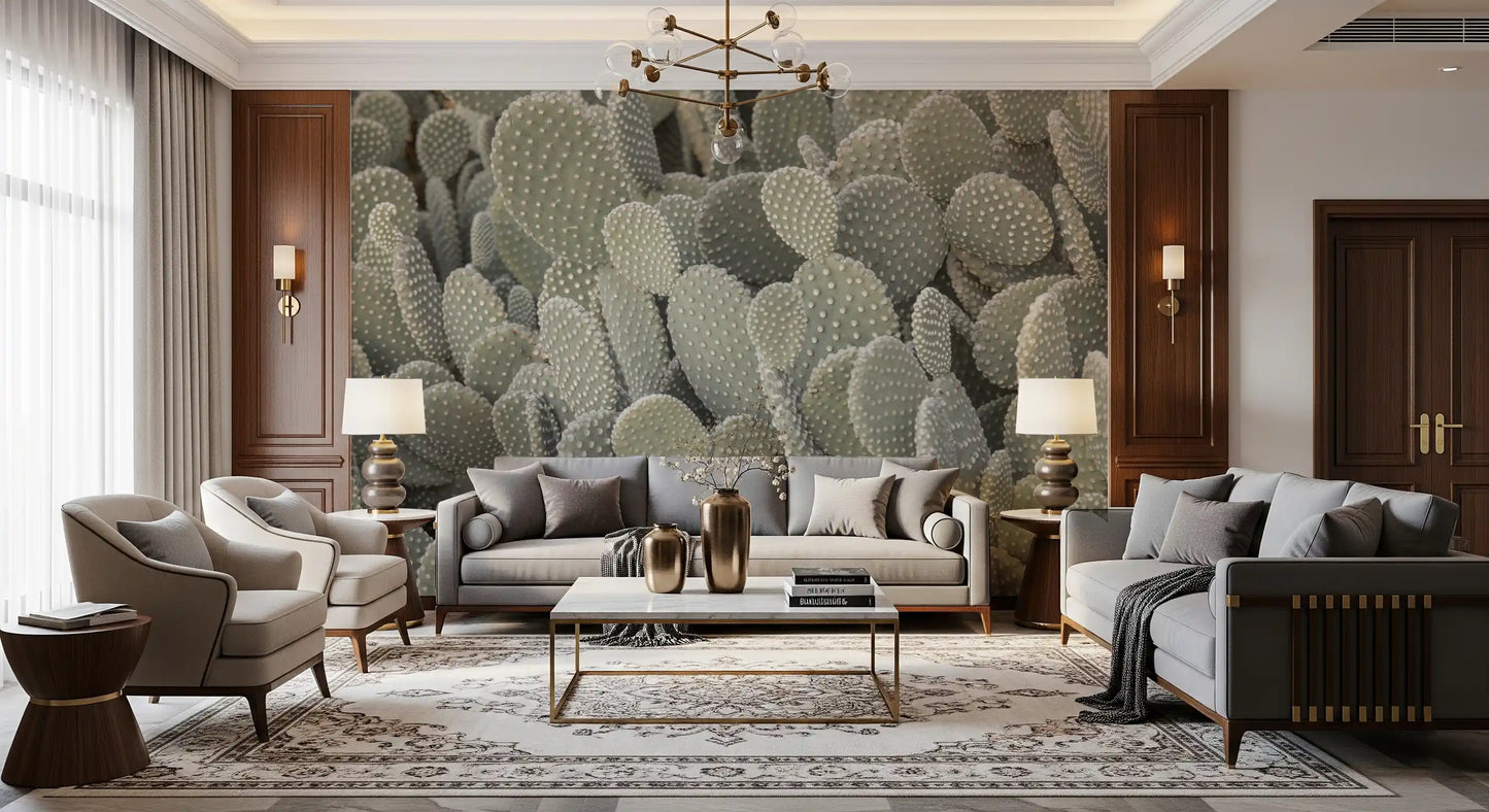 Muted grey-green cactus cluster wall mural with raised surface texture., GD10421