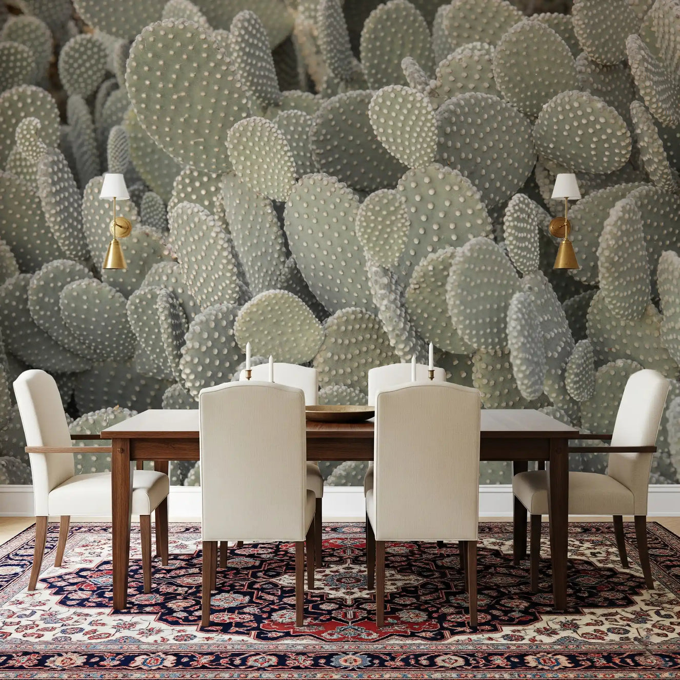 Cacti background wall mural displayed on a modern dining room. 