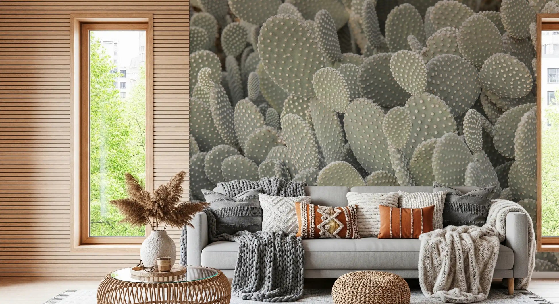 Cacti background wall mural with densely packed sage green paddle pads., GD10421