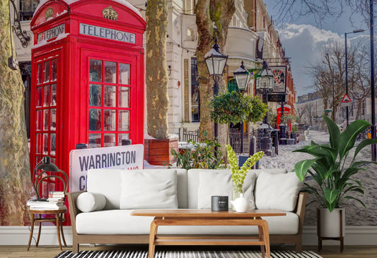 Maida Vale in snow wall mural displayed on a bright living room.