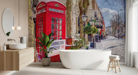 Winter cityscape mural showing a curving street with pub sign in bathroom., GD10422