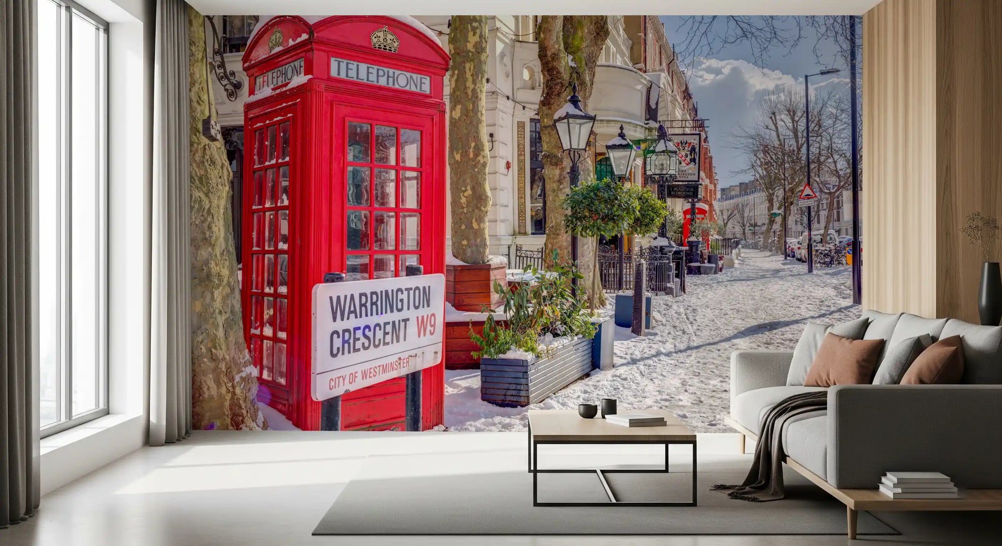 Maida Vale snow mural with bold red and white contrast on a bright day., GD10422