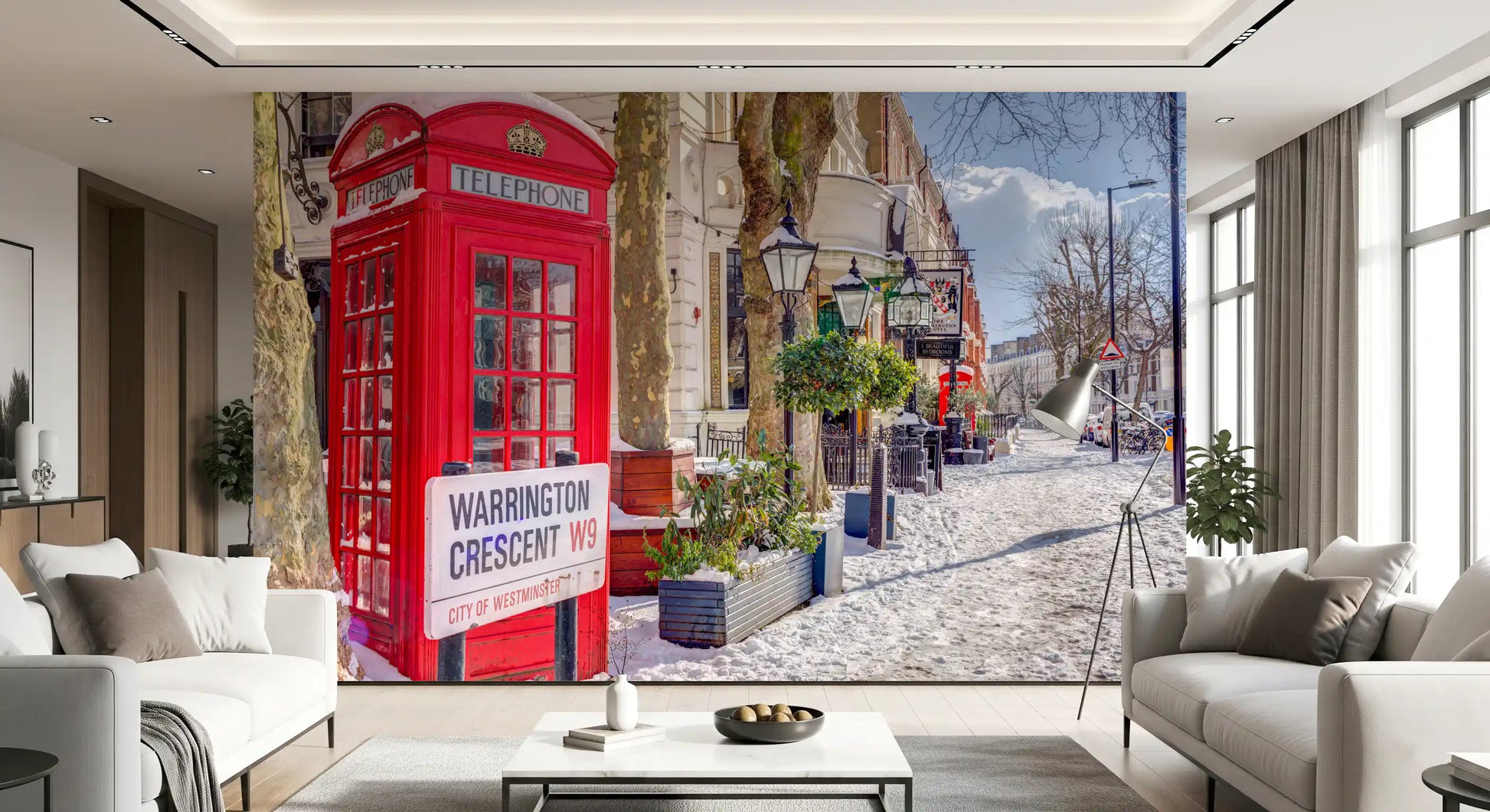 Red telephone box wall mural with blue sky and scattered winter clouds., GD10422
