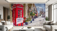 Red telephone box wall mural with blue sky and scattered winter clouds., GD10422