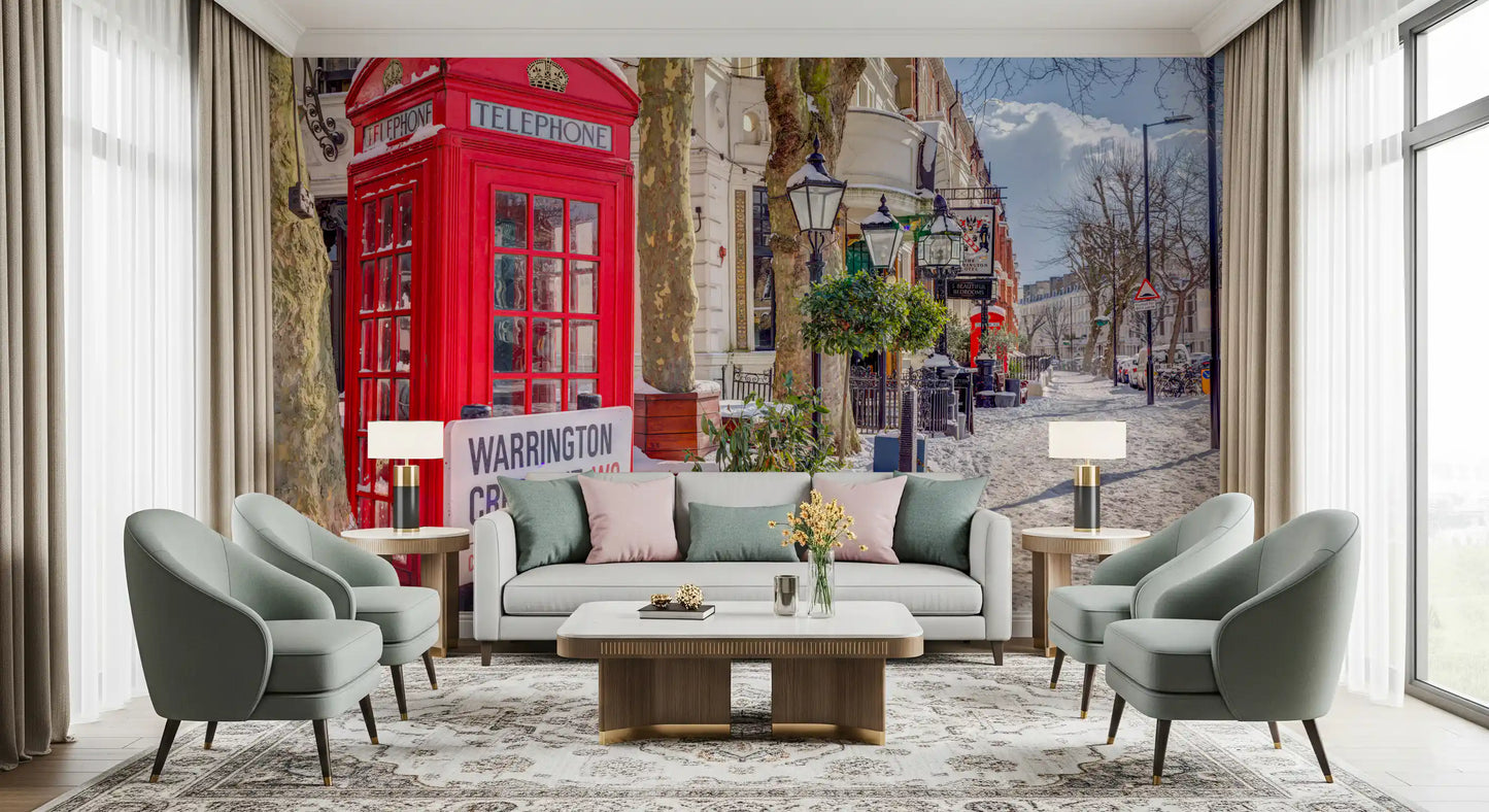 Winter red telephone box mural shown as a living room feature wall., GD10422