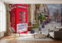 Snow-blanketed street mural with cream classical buildings and bare trees, GD10422