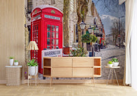 City wall mural with vintage green street lamps along a snow-covered road., GD10422